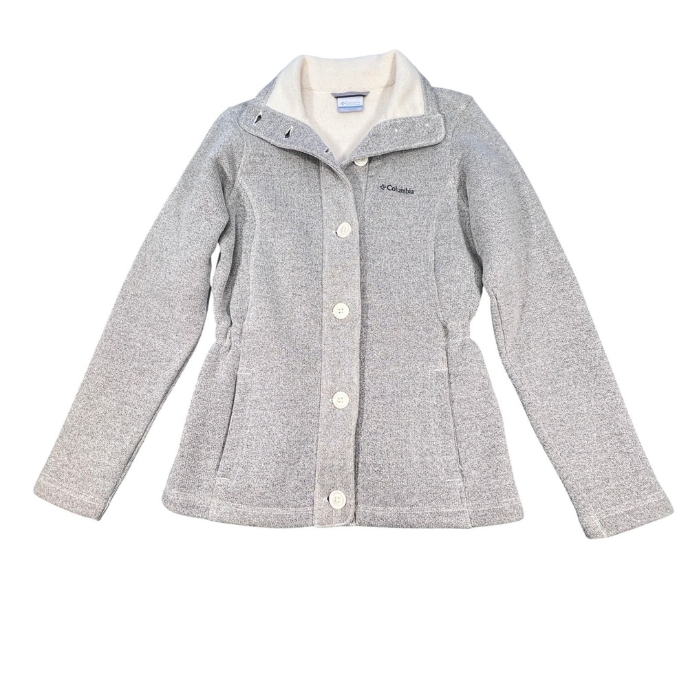 Columbia Gray Marl Button Up Fleece Lined Sweater Jacket Womens XS